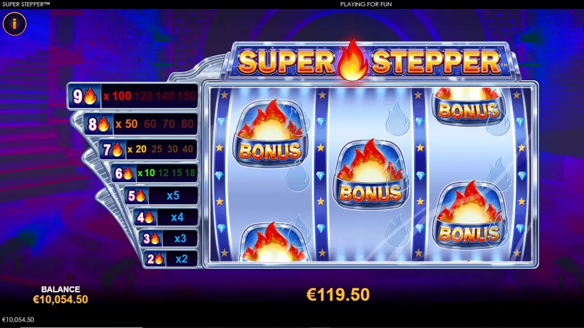 Tampilan visual neon futuristik dari slot Super Stepper